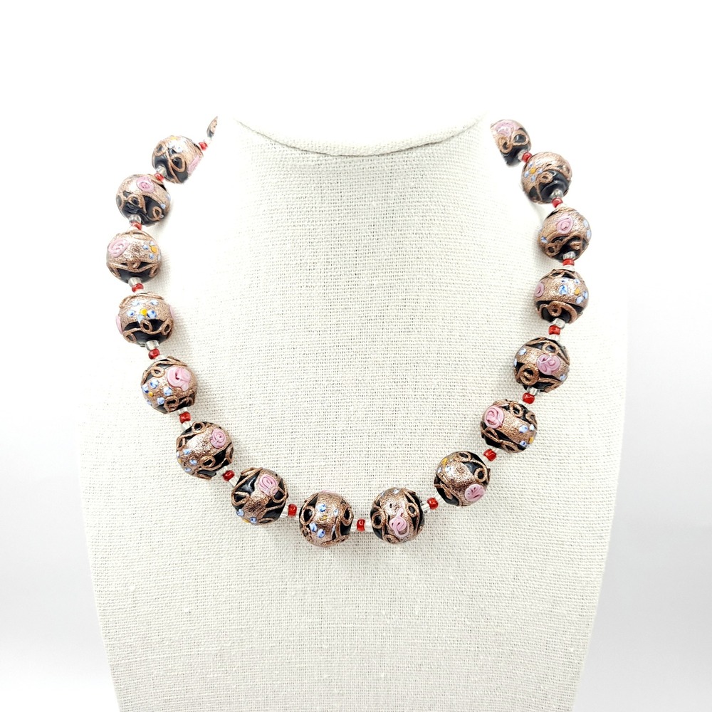 Vintage Wedding Cake Bead Necklace Millefiori Glass Goldtone Black Pink 15" READ - Picture 9 of 14